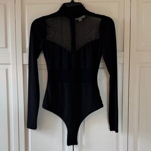 Chic Black Long Sleeve Bodysuit with High Neck and Mesh Cutouts size Small